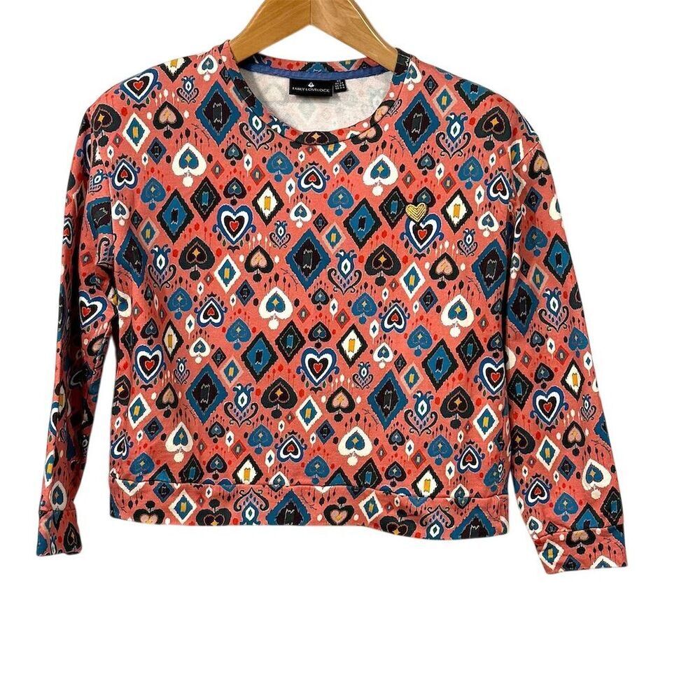Emily Lovelock Tessa Sweatshirt Size XS Heart Print Long Sleeve Cropped Crewneck